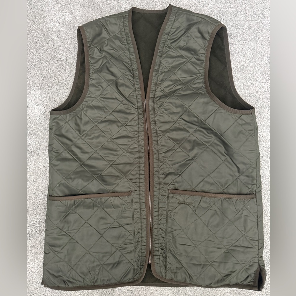 Barbour Zip Vest Polar Quilt Fleece w Pockets Gilet Olive Green Men’s Size M